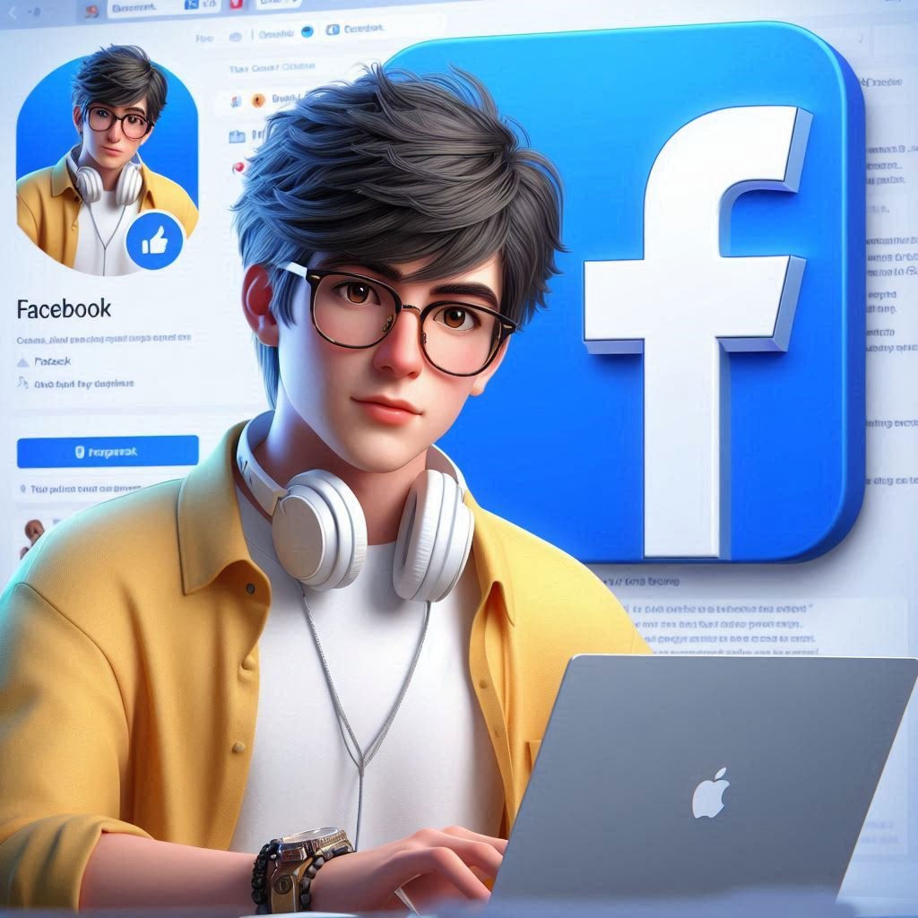 "3D Illustration: Young Developer Coding in Front of Facebook Logo with Custom Profile"