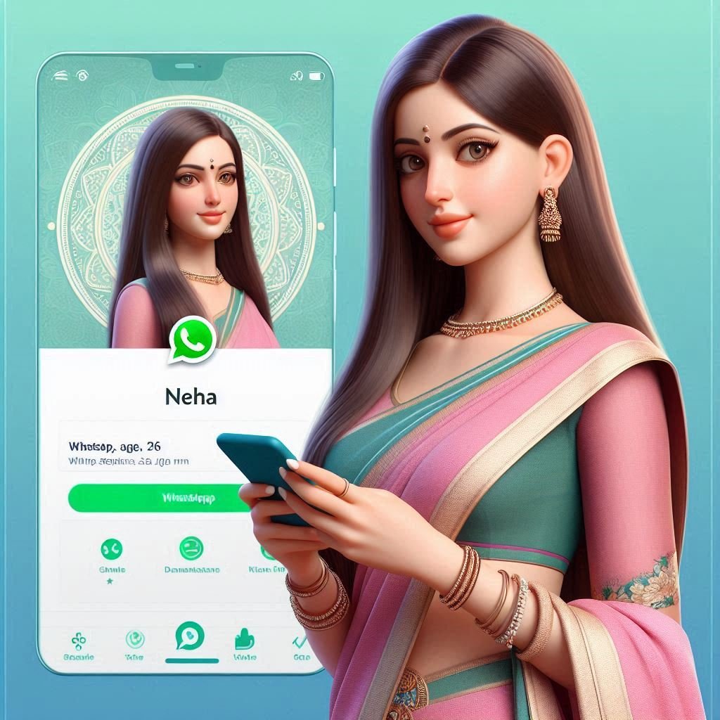 "3D Scene: Young Woman in Sari with WhatsApp and Social Media Background"
