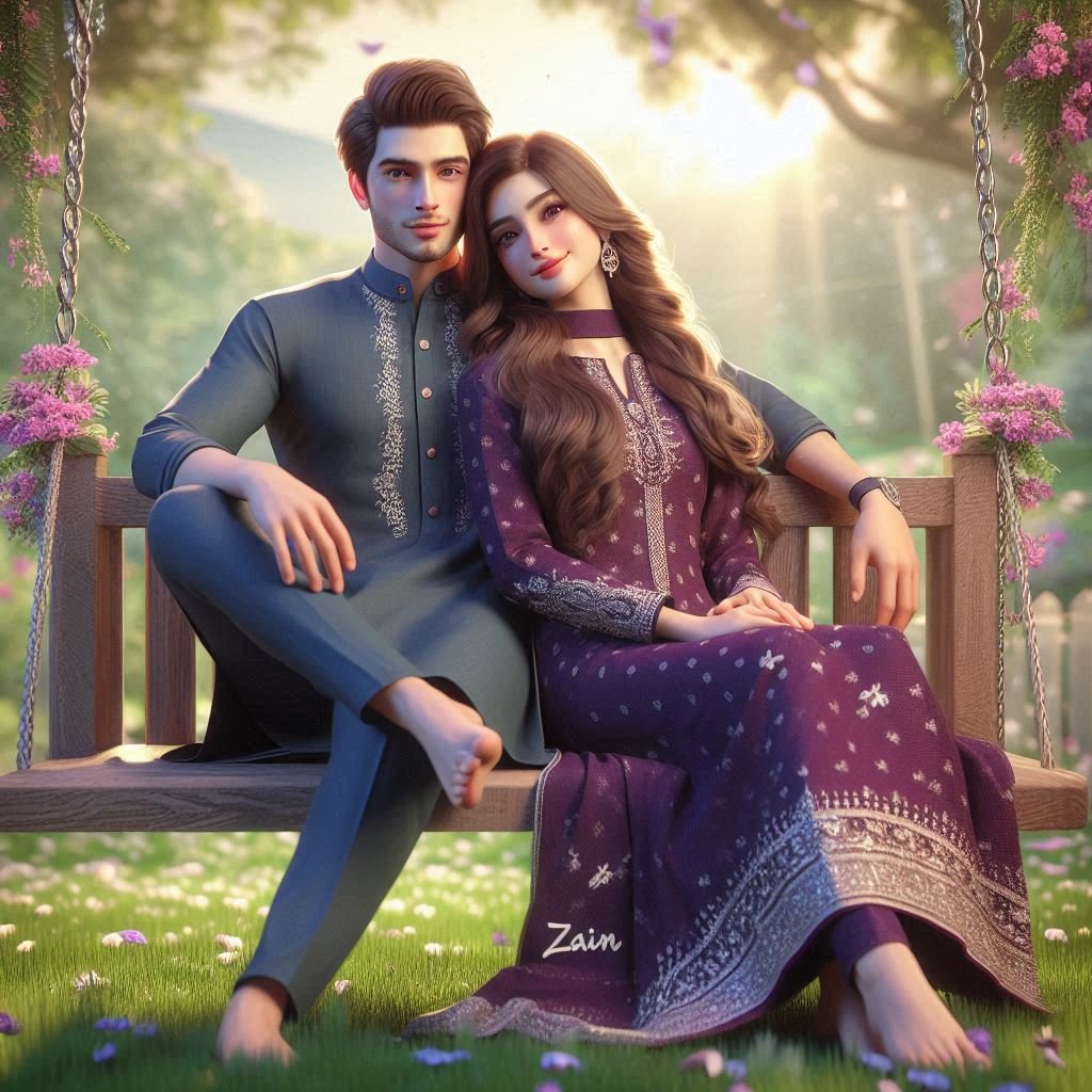 Romantic Garden Swing: A 3D Hyper-Realistic Portrait of Zain and Aisha