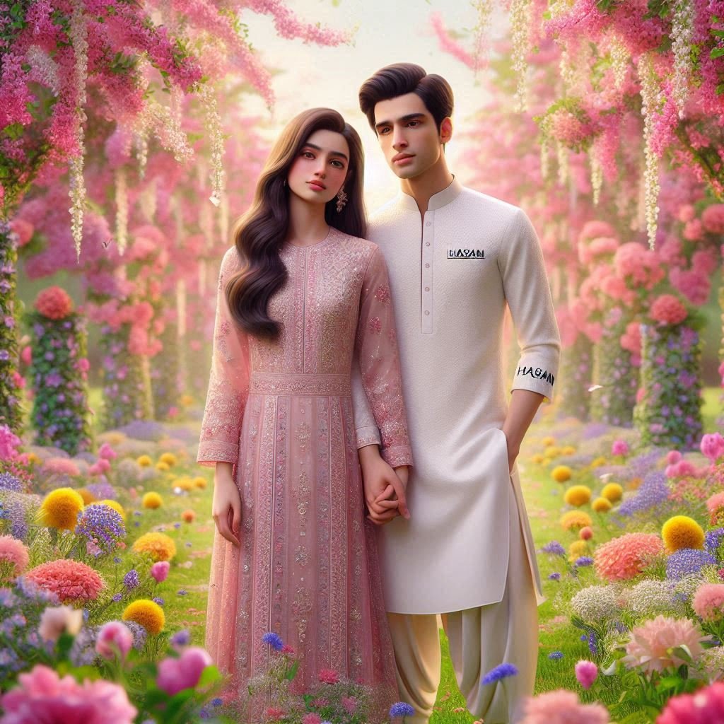 Capturing Romance: A Hyper-Realistic 3D Image of a Pakistani Couple in a Blooming Garden