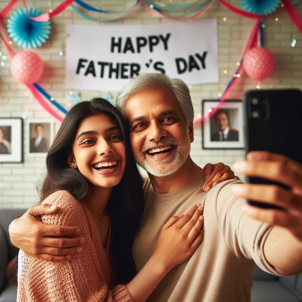 Father's Day Selfie: 20-Year-Old Meera and Her 50-Year-Old Dad in a Festive 8K Scene"