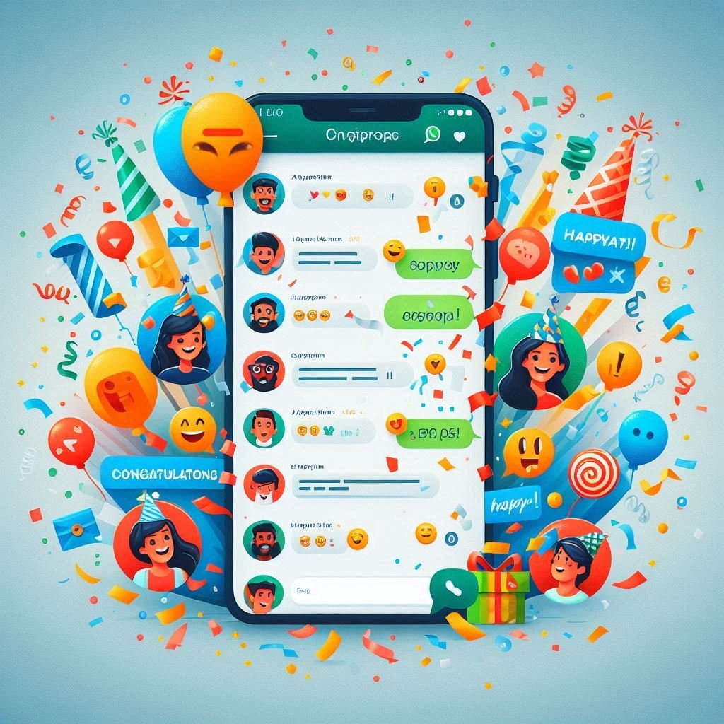 "Lively WhatsApp Group Chat Celebrating an Event with Confetti and Emojis"
