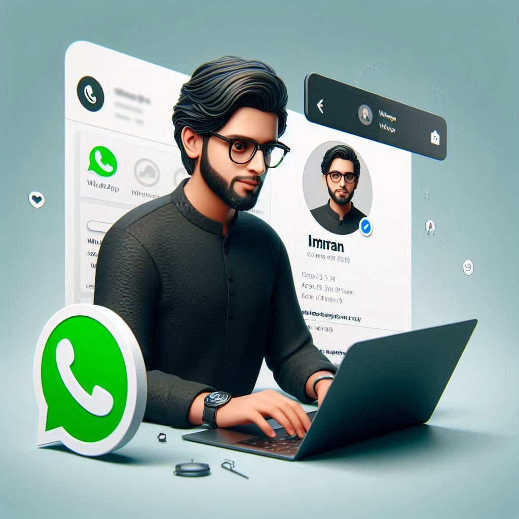 "Create a 3D illustration of a young man, age 29, with glasses and a beard, wearing a black kurta, coding on his laptop. The background includes a 3D WhatsApp logo and his social media profile page with the username 'Imran' and a professional profile image."