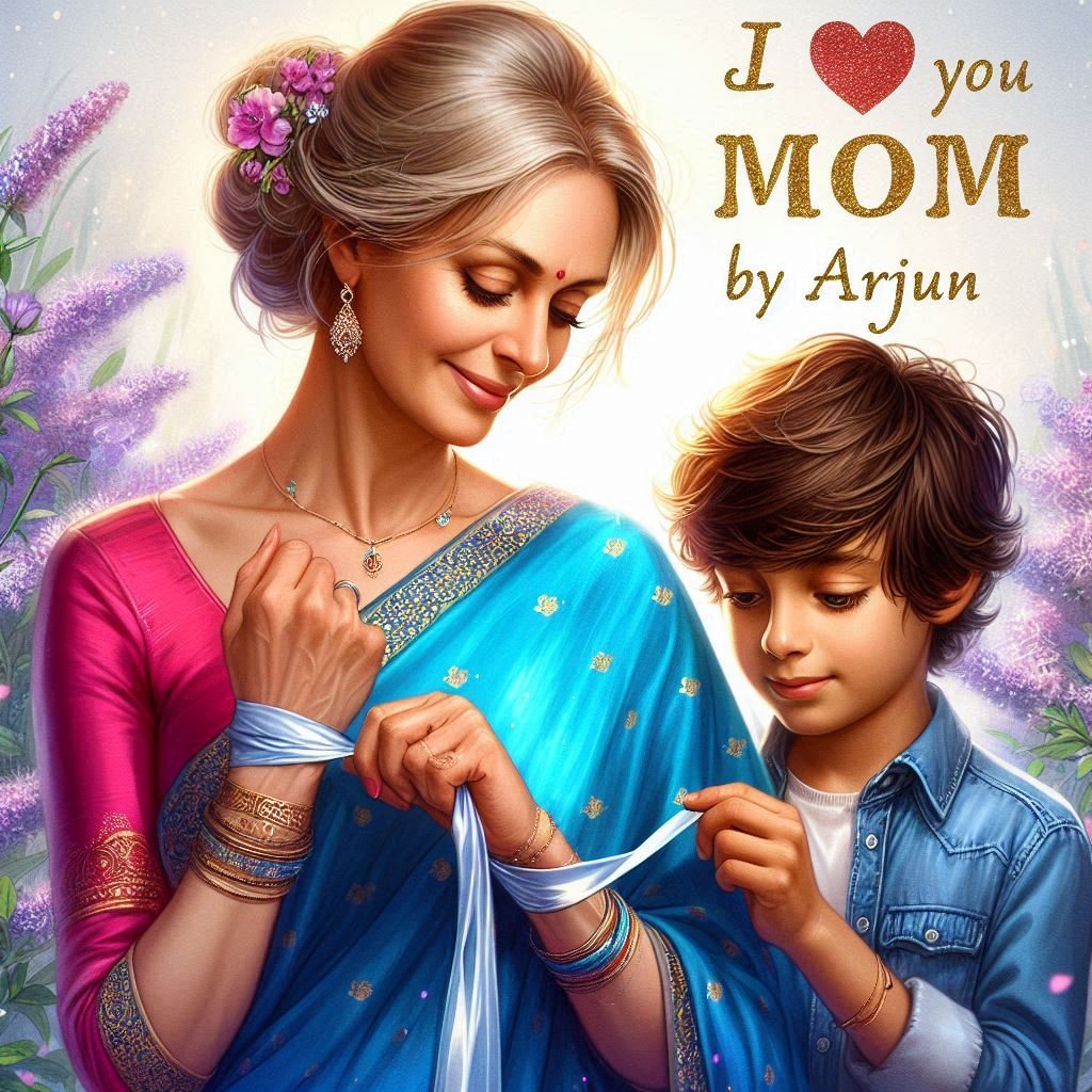 Heartfelt Mother's Day Portrait: A 44-Year-Old Mother in a Blue Saree with Her Son