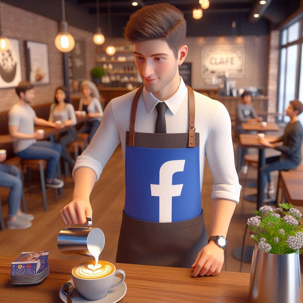 "Crafting Creativity: 3D Barista with Facebook Flair in a Cozy Café Setting"