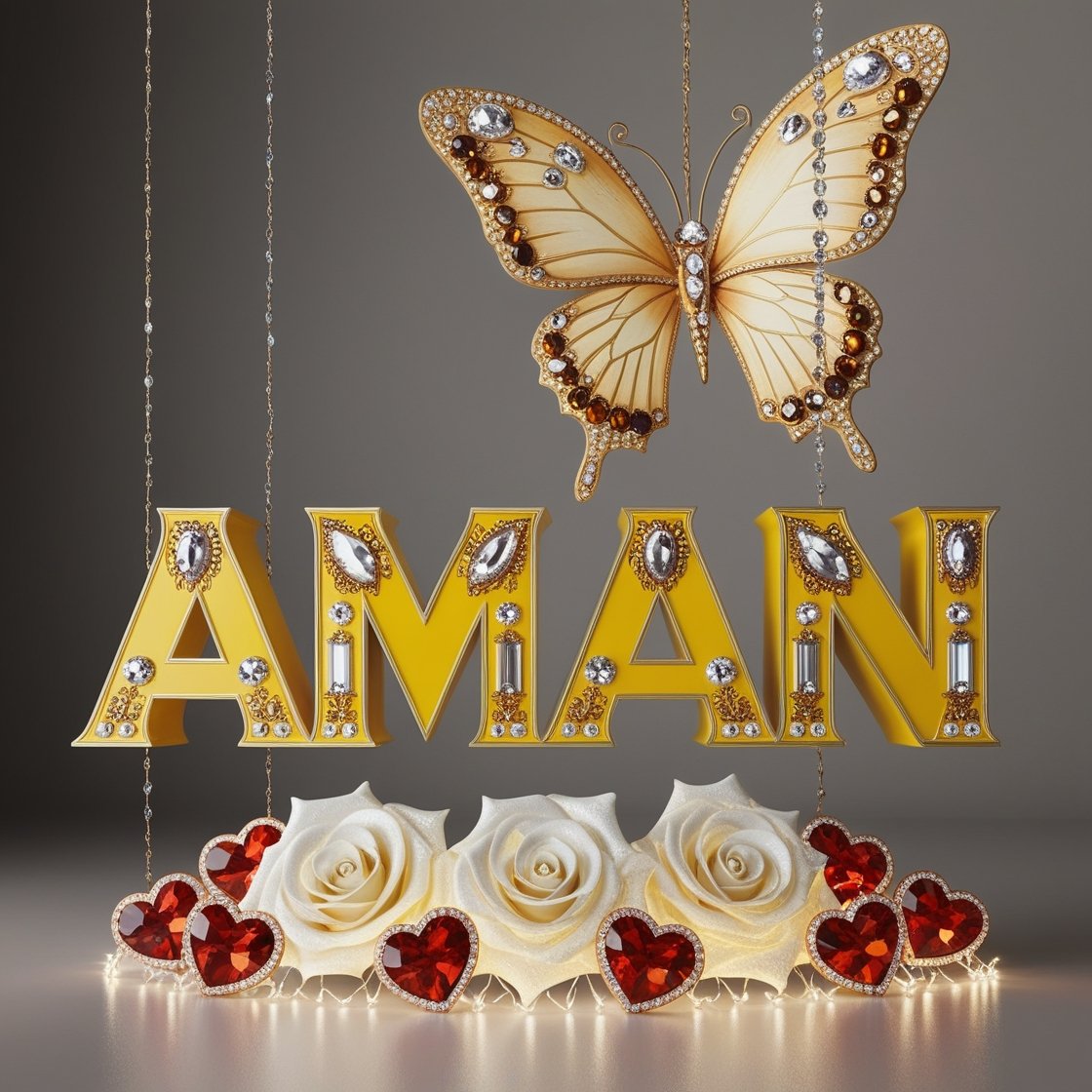 Luxurious 3D Render of 'Aman' with Regal Yellow Letters, Gemstones, and Elegant Golden Butterfly