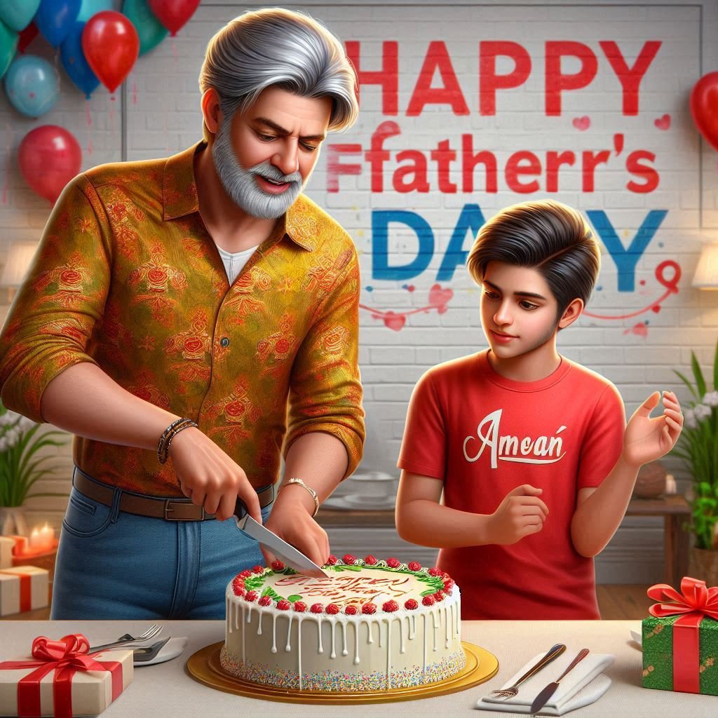 Father's Day Celebration: Father Cutting Cake, Son Clapping in a Red "Aman" T-Shirt