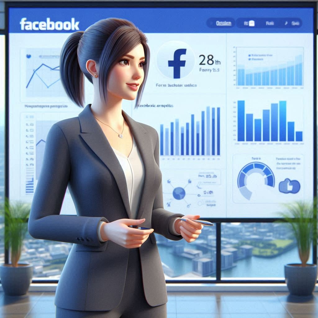 "Dynamic 3D Business Presentation Scene with Facebook Analytics and Panoramic City View"