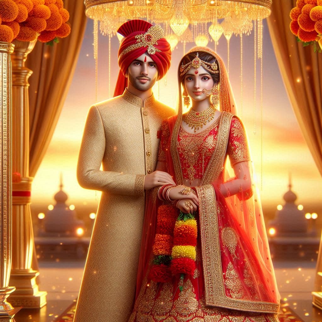 3D Indian Wedding Couple Under Sunset Mandap