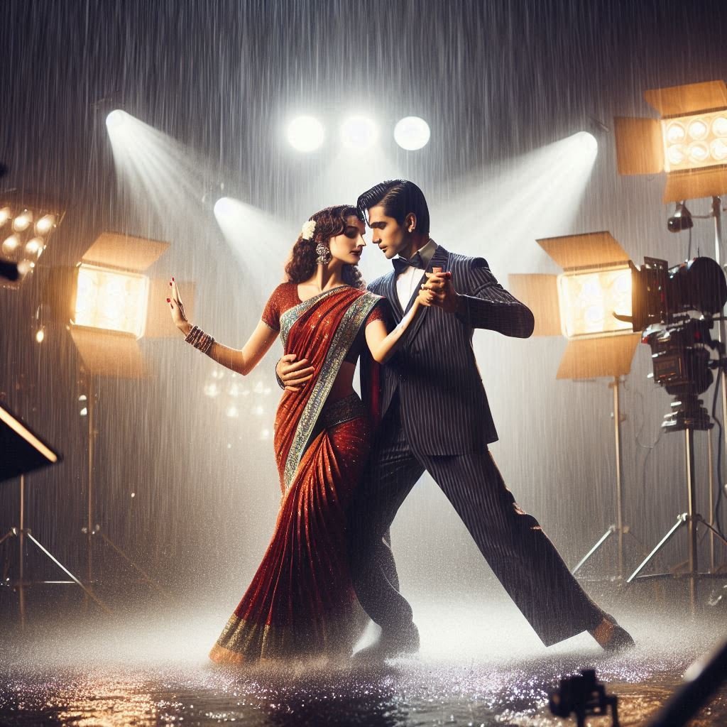 Bollywood Romance: Indian Couple Dancing in the Rain