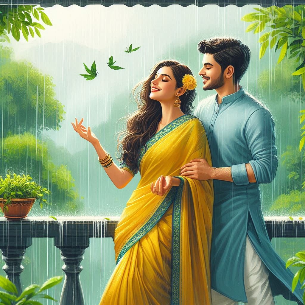 Monsoon Romance: A Couple Embracing the Rain on a Balcony