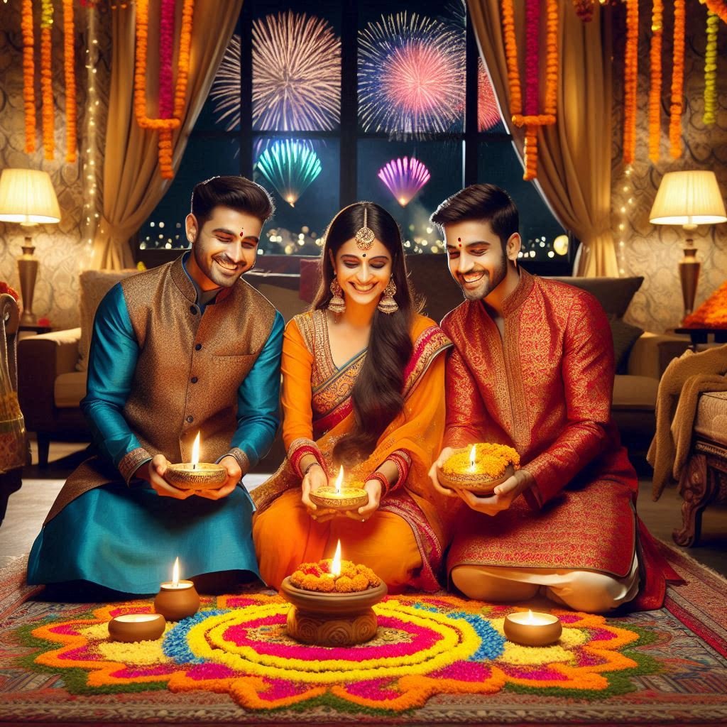 Joyful Family Lighting Diyas in a Vibrant, Festive Setting