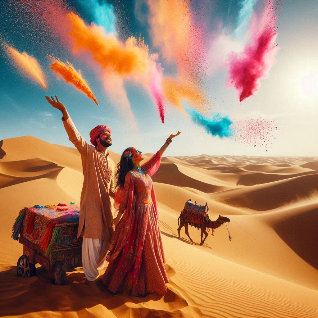 Rohit and Sanya Celebrate Holi with Vibrant Colors in the Desert