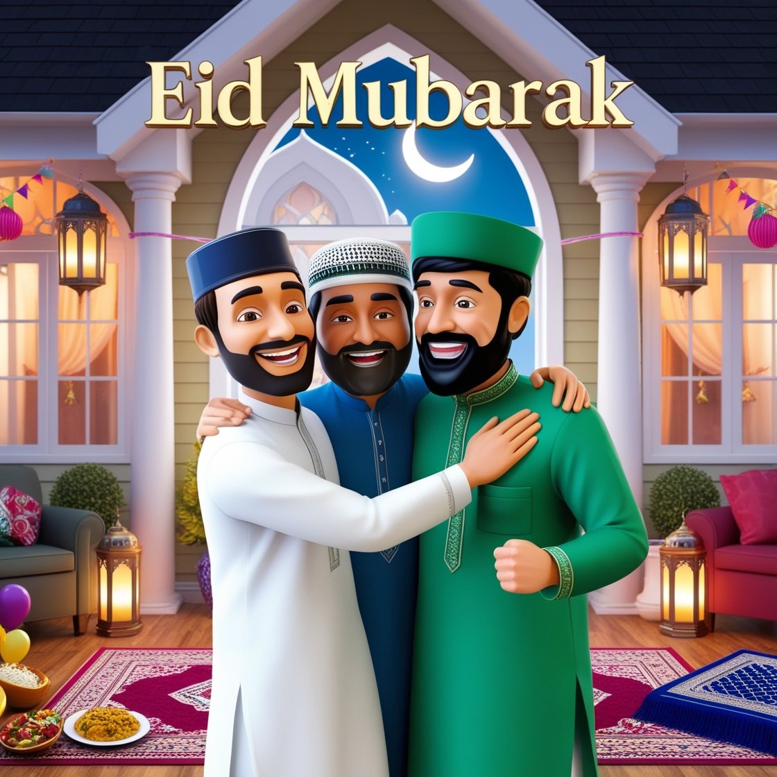 A Joyful Eid Mubarak Celebration: A 3D Illustration of Family and Festive Cheer