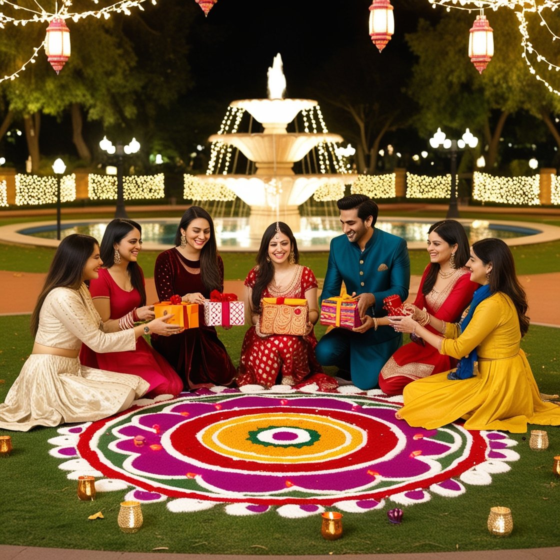 Friends Celebrating Diwali in a Festively Decorated Park with Lanterns and Rangoli