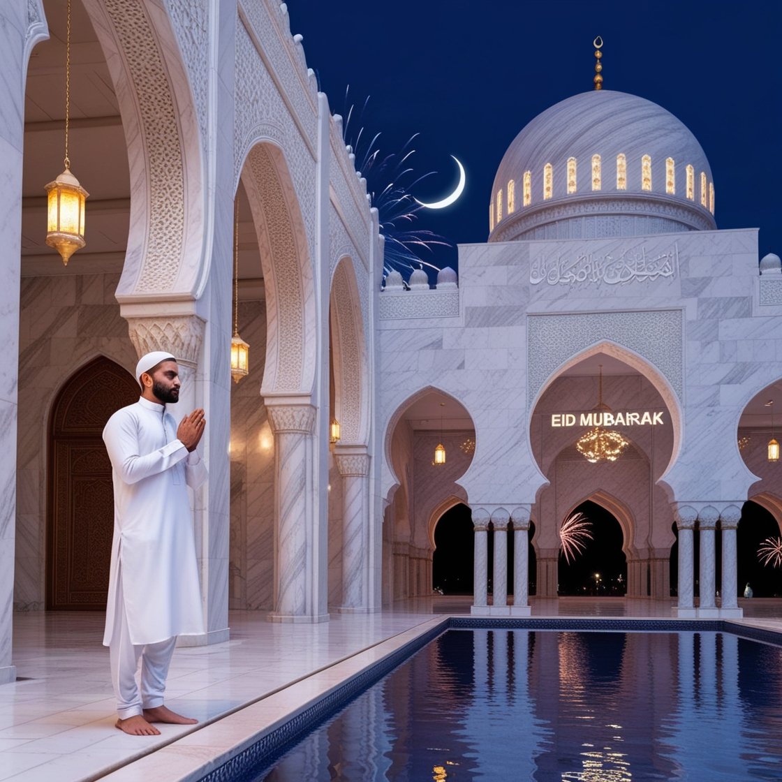 Eid Night Serenity: Bilal in Prayer by the Majestic Mosque