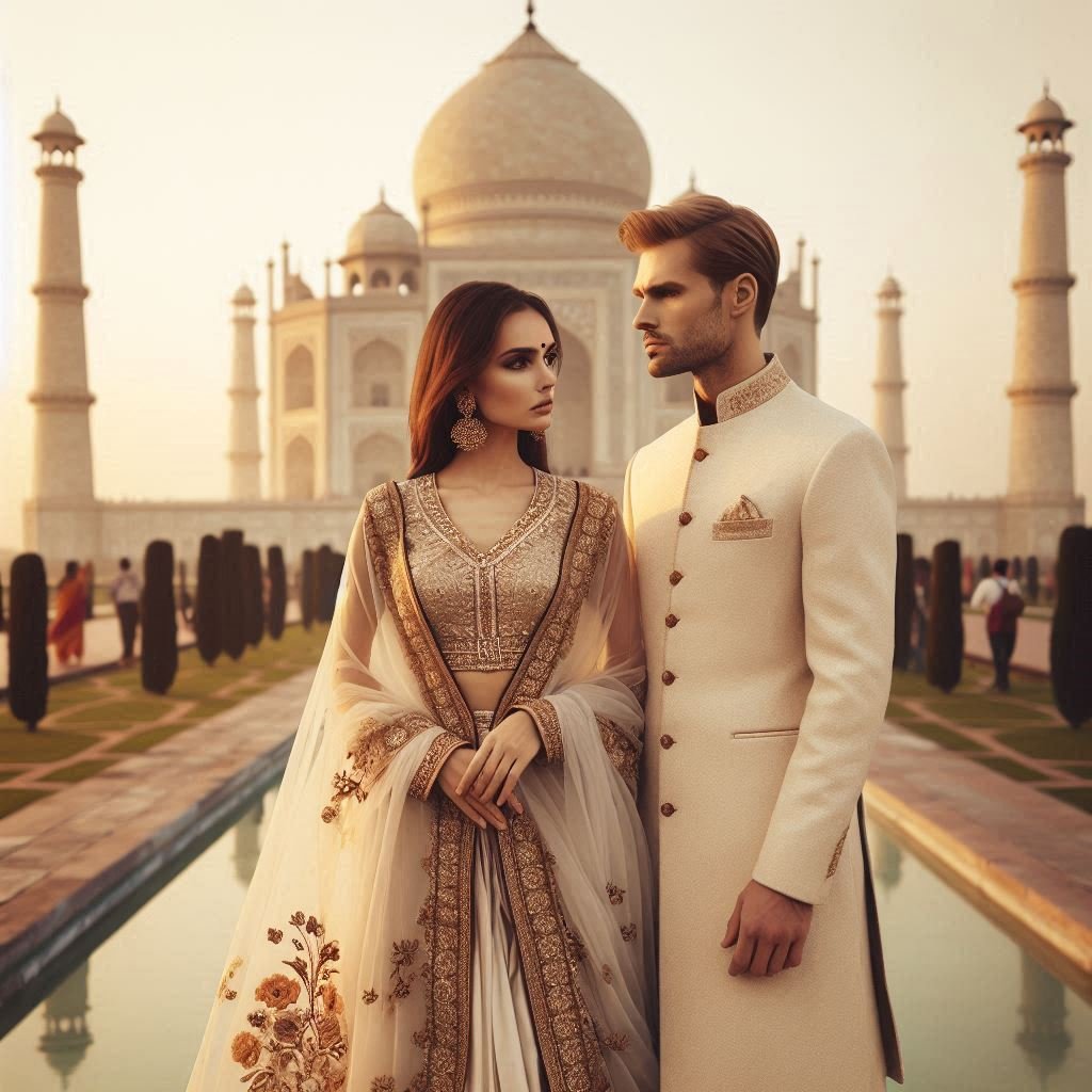 Sunrise Romance: A Couple in Traditional Attire at the Taj Mahal