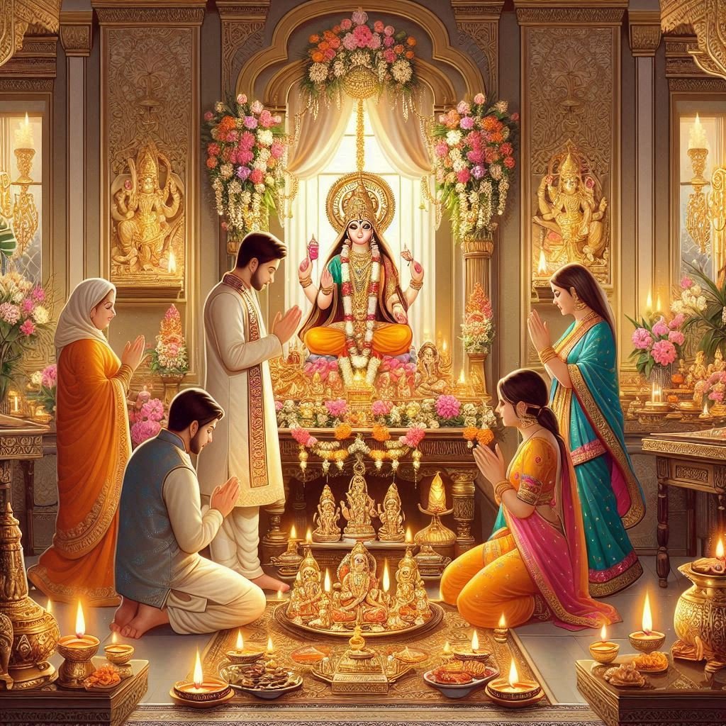 Family Diwali Puja: Traditional Attire, Decorated Altar, and Glowing Diyas